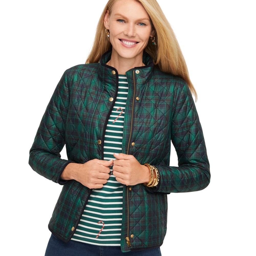 Talbots Petite Green Black Watch Plaid Quilted Barn Jacket Gold Hardware SP